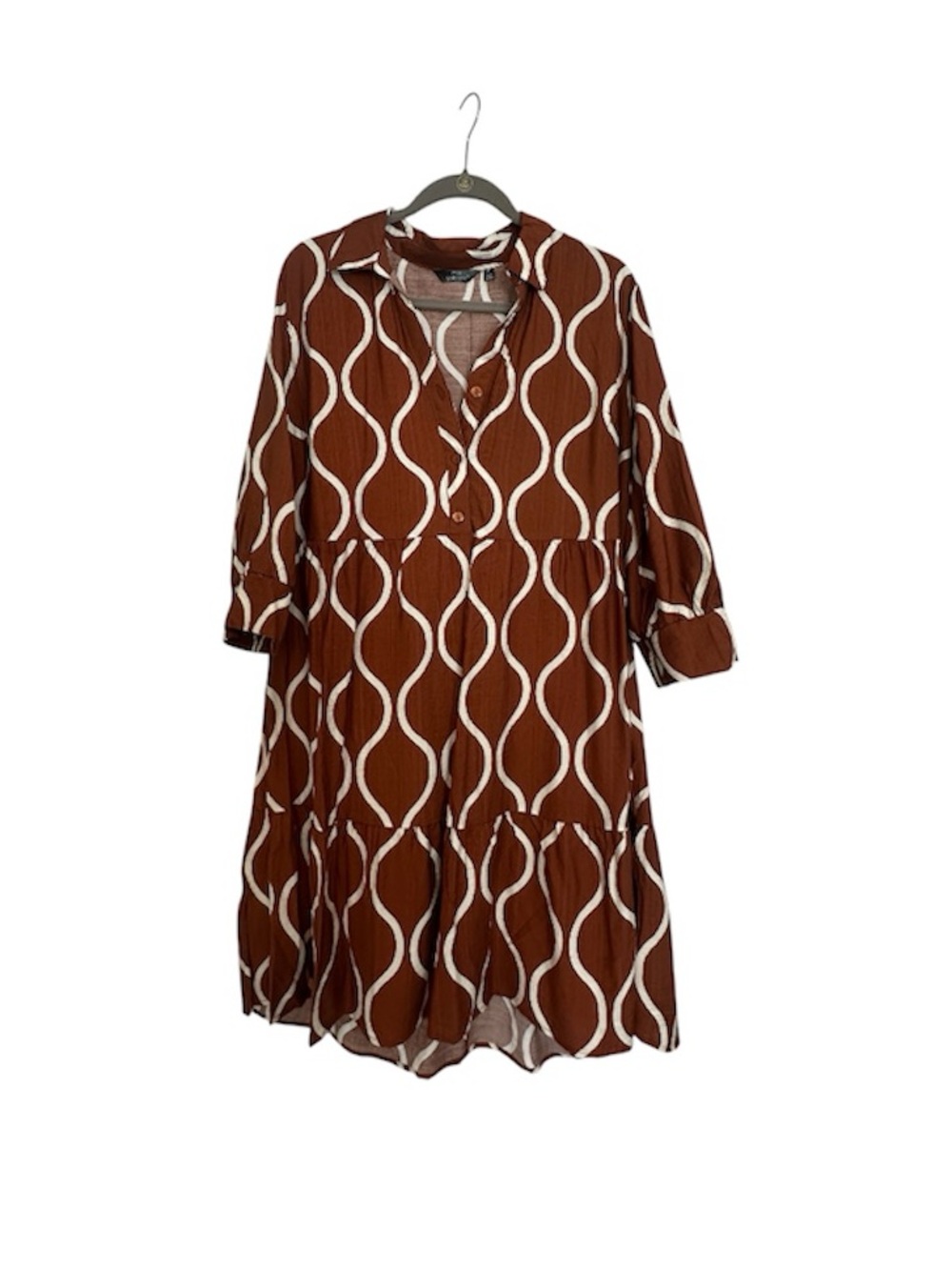 NWOT Mlle Gabrielle Brown and White Wave Print Button Down Shirt Dress - Size XL